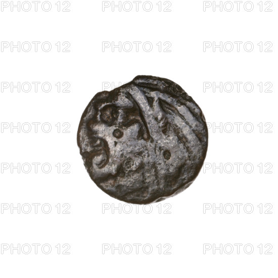 Bronze coin, Pantikapaion; obverse: head of bearded Satyr facing left; reverse: bull head facing left with letters on the sides and top. Early 3rd century BC, Cimmerian Bosporus. Diameter 15.7–16.1 mm, weight 3.06 g, axis 0°. Subjects/icons: Satyr, bull; iconography: Satyr head, bull head.