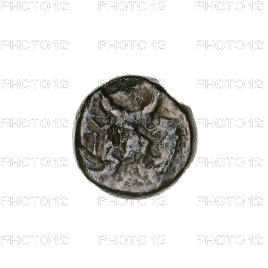 bronze coin, Pantikapaion; obverse: head of bearded Satyr facing left; reverse: bull head facing left with letters on the sides and top; early 3rd century BC; Cimmerian Bosporus (Pantikapaion); iconography: Satyr, bull; diameter 15.7–16.1 mm; weight 3.06 g; axis 0°