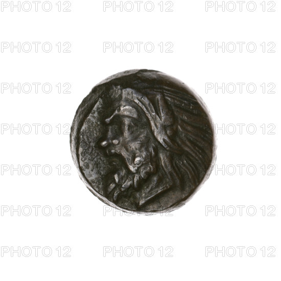 Bronze coin, Pantikapaion; obverse: head of bearded satyr facing left; reverse: bull head facing left with letters on the sides and top. Early 3rd century BC, Cimmerian Bosporus (Pantikapaion). Diameter ~17.0 mm (16.7 mm), weight 4.65 g, axis 0°. Iconography: bull head, satyr head; subjects: Satyr (mythology), bulls, animals.