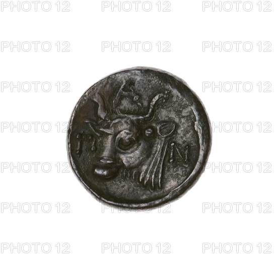 Bronze coin, Pantikapaion; obverse: head of bearded Satyr facing left; reverse: bull head facing left, letters on the sides and top. Early 3rd century BC, Cimmerian Bosporus. Iconography: Satyr head, bull head; animals; diameter 17.0 mm and 16.7 mm, weight 4.65 g, axis 0°.