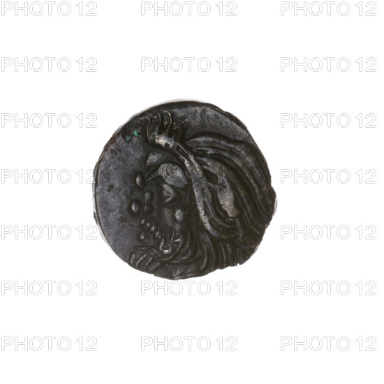 Bronze coin, Pantikapaion; obverse: head of bearded Satyr facing left; reverse: bull head facing left with letters on the sides and top. Early 3rd century BC, Cimmerian Bosporus (Pantikapaion). Diameter 16.6–17.1 mm, weight 4.17 g, axis 60°. Subjects: Satyr, bull; iconography: Satyr head, bull head; materials: bronze.