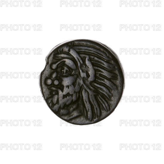 Bronze coin, Pantikapaion; obverse: head of bearded satyr facing left; reverse: bull head facing left, letters on the sides and top; early 3rd century BC; Cimmerian Bosporus; iconography: satyr head, bull head; diameter 17.1–17.2 mm; weight 4.39 g; axis 30°.