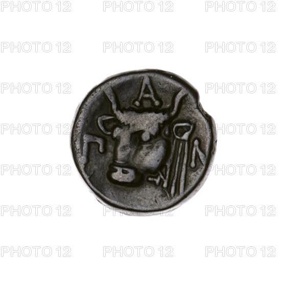 Bronze coin, Pantikapaion; obverse: head of bearded Satyr facing left; reverse: bull head facing left with letters on the sides and top. Early 3rd century BC, Cimmerian Bosporus. Iconography: Satyr, bull head; animals. Diameter 17.1–17.2 mm, weight 4.39 g, axis 30°.