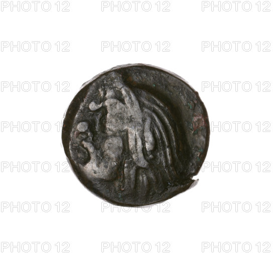 Bronze coin, Pantikapaion; obverse: head of bearded Satyr facing left; reverse: bull head facing left with letters on the sides and top; early 3rd century BC, Cimmerian Bosporus; iconography: Satyr, bull; diameter 17.0–17.4 mm, weight 5.17 g, axis 180°.