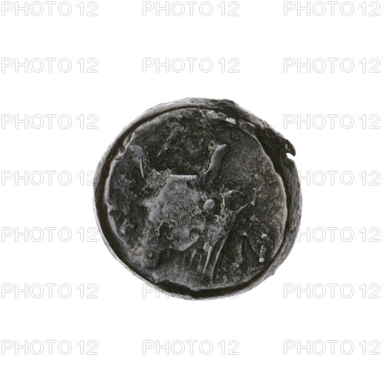 Bronze coin, Pantikapaion; obverse: head of bearded satyr facing left; reverse: bull head facing left with letters at sides and top; early 3rd century BC, Cimmerian Bosporus (Pantikapaion); iconography: bull head, satyr head (mythology), bulls, animals; coin; diameter 17.0–17.4 mm; weight 5.17 g; axis 180°