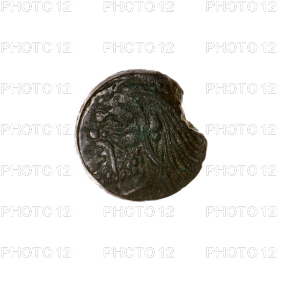 Bronze coin, Pantikapaion; obverse: head of bearded satyr to left; reverse: bull head to left with letters on sides and top; iconography: satyr head, bull head; subject: satyr (mythology), bulls, animals; early 3rd century BC; Cimmerian Bosporus (Pantikapaion); coin; diameter 16.9 mm and 16.7 mm; weight 3.50 g; axis 330°.