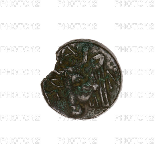 Bronze coin, Pantikapaion; obverse: head of bearded satyr facing left; reverse: bull head facing left with letters at sides and top; early 3rd century BC, Cimmerian Bosporus (Pantikapaion); iconography: satyr, bull; diameter 16.9 mm (obverse) / 16.7 mm (reverse); weight 3.50 g; axis 330°.
