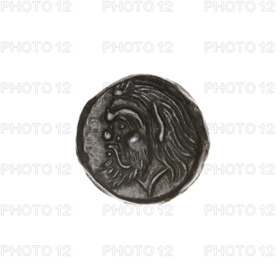 Bronze coin, Pantikapaion. Obverse: head of bearded satyr facing left. Reverse: bull's head facing left with letters on the sides and top. Iconography: satyr, bull. Mythology: Satyr. Date: 1st half of the 3rd century BC. Region: Cimmerian Bosporus (Pantikapaion). Diameter: ~16.3–16.5 mm. Weight: 4.65 g. Axis: 180°.