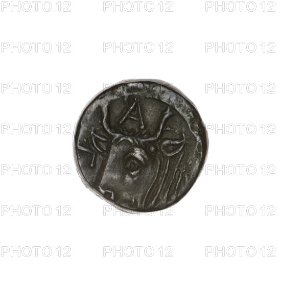 Bronze coin, Pantikapaion; obverse: head of bearded Satyr facing left; reverse: bull's head facing left with letters at sides and top; iconography: Satyr, bull; 1st half of 3rd century BC; Cimmerian Bosporus; diameter 16.3–16.5 mm; weight 4.65 g; axis 180°.