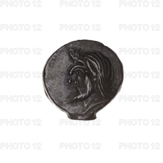 Bronze coin, Pantikapaion; obverse: head of bearded satyr facing left; reverse: bull head facing left, letters on sides and top; iconography: bull head, satyr head (mythology), bulls, animals; 1st half of the 3rd century BC, Cimmerian Bosporus; diameter 17.8–18.0 mm, weight 3.27 g, axis 0°.