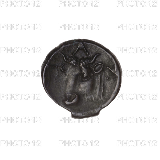 Bronze coin, Pantikapaion; obverse: head of bearded satyr facing left; reverse: bull head facing left with letters on the sides and top; iconography: satyr head, bull head; mythology: Satyr; animals: bulls; 1st half of the 3rd century BC, Cimmerian Bosporus (Pantikapaion); coin; diameter 17.8–18.0 mm; weight 3.27 g; axis 0°.