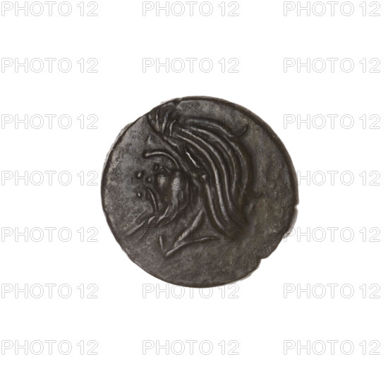 Bronze coin, Pantikapaion; obverse: head of bearded satyr facing left; reverse: bull head facing left with letters on the sides and top. Iconography: satyr, bull head; region: Black Sea (Cimmerian Bosporus, Pantikapaion). Date: 1st half of the 3rd century BC. Coin; diameter 17.6–18.1 mm, weight 3.93 g, axis 330°.