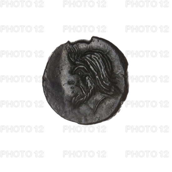 Bronze coin, Pantikapaion; obverse: head of bearded Satyr facing left; reverse: bull head facing left with letters on the sides and top. Iconography: bull head, Satyr head; subject: Satyr (mythology), bulls, animals. Date: 1st half of the 3rd century BC. Place: Cimmerian Bosporus, Pantikapaion. Medium: coin; diameter 18.5–18.6 mm; weight 3.74 g; axis 0°.