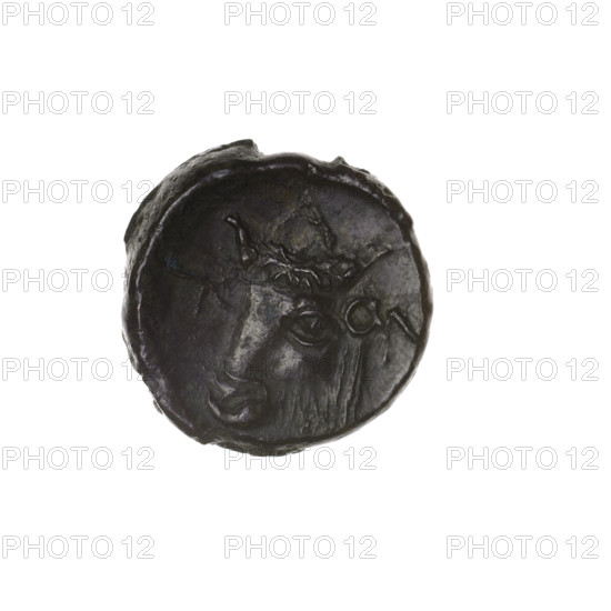 Bronze coin, Pantikapaion; aw: head of bearded Satyr facing left; rw: bull head facing left, letters on the sides and top; iconography: Satyr head, bull head; mythology: Satyr; subject: bulls, animals; 1st half of the 3rd century BC; Cimmerian Bosporus; diameter 18.5–18.6 mm; weight 3.74 g; axis 0°