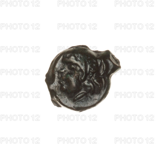 Bronze coin, Pantikapaion; obverse: head of a beardless Satyr in an ivy wreath facing left; reverse: bow and arrow facing right, inscription below. Iconography: Satyr, bow and arrow, weapons/armament. 1st half of the 3rd century BC, Cimmerian Bosporus. Diameter 14.5–16.6 mm, weight 1.80 g, axis 180°.