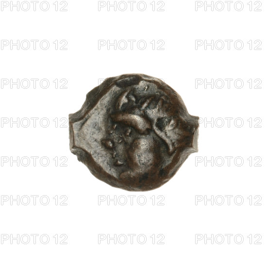 Bronze coin from Pantikapaion, obverse: head of a beardless Satyr in an ivy wreath facing left; reverse: bow and arrow facing right with inscription below. 1st half of the 3rd century BC, Cimmerian Bosporus (Pantikapaion). Diameter 14.5–16.1 mm, weight 2.30 g, axis 0°. Subjects: Satyr (mythology), bows and arrows, armament.