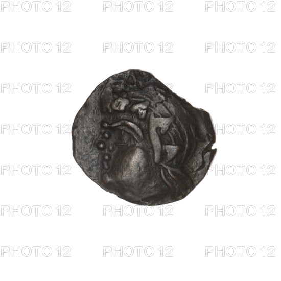 Bronze coin, Pantikapaion; obverse: head of a beardless satyr in ivy wreath facing left; reverse: bow and arrow facing right, inscription below. Satyr (mythology); arrows (weapon); bows (arms); weapons, armament. 1st half of 3rd century BC; Cimmerian Bosporus (Pantikapaion). Diameter: 17.0–17.6 mm; weight: 3.62 g; axis: 0°.