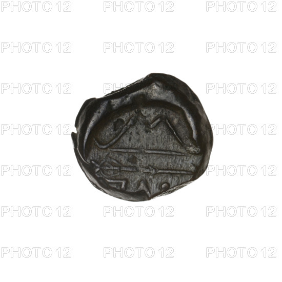 Bronze coin, Pantikapaion; obverse: head of beardless Satyr in ivy wreath facing left; reverse: bow and arrow facing right, inscription below; 1st half of 3rd century BC; Cimmerian Bosporus (Pantikapaion); Satyr (mythology); arrows (weapon); bows (arms); weapons, armament; diameter 17.0–17.6 mm; weight 3.62 g; axis 0°