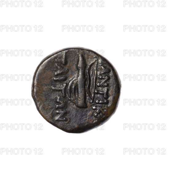 Bronze coin, Pantikapaion; obverse: head of Apollo with laurel wreath facing right; reverse: quiver with strap on the left, bow on the right, inscription in two columns on the sides; iconography: Apollo, bows, quivers, weapons, armament; 2nd half of the 1st century BC, Cimmerian Bosporus; diameter 18.5–19.2 mm, weight 5.99 g, axis 0°.