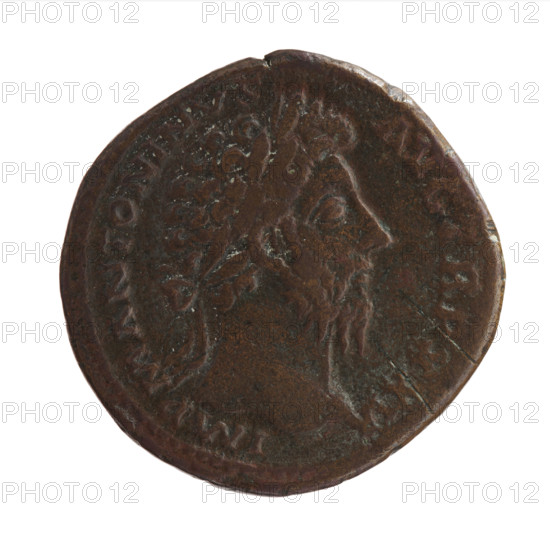 sestertius, Marcus Aurelius (121–180; Roman emperor 161–180) (issuer); obverse: Head of Marcus Aurelius in a laurel wreath facing right, inscription IMP M ANTONINVS - AVG TR P XXV; reverse: Mars walking to the right, holding a spear in his right hand, a trophy resting on his shoulder in his left, inscription C OS - III, in SC fields; date: 170–171; Roman Empire (27 BC–476), Rome; coin; weight 24.4 g; diameters 30.5–31.5 mm; axis 180 degrees.