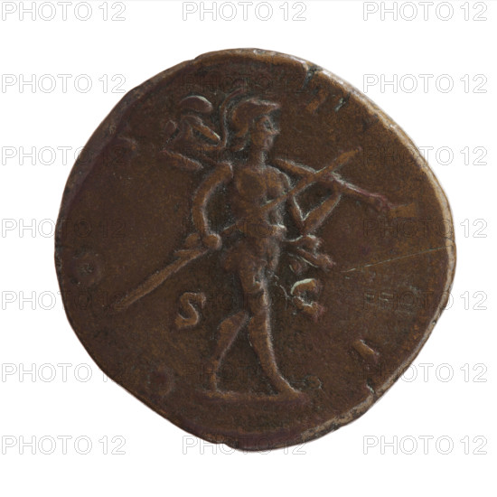 Sestertius of Marcus Aurelius (121–180; Roman emperor 161–180), 170–171, Roman Empire (Rome). Obverse: head of Marcus Aurelius in a laurel wreath facing right, legend 'IMP M ANTONINVS - AVG TR P XXV'. Reverse: Mars walking right, holding a spear in his right hand and a trophy on his left shoulder, legend 'C OS - III' and 'SC' in fields. Coin; weight 24.4 g; diameters 30.5–31.5 mm; axis 180°.