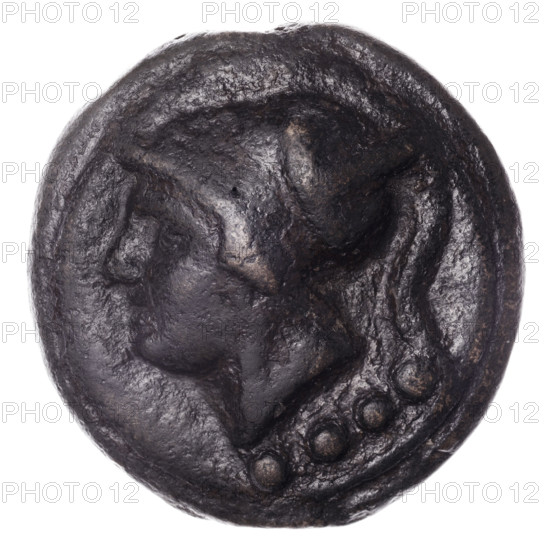 Triens (aes grave), publisher; obverse: head of Minerva in a Corinthian helmet with year and value mark oooo below; reverse: ship's prow to right with value mark oooo below. Subjects: Minerva (mythology), Corinthian helmets, ships. Date: 225–217 BC, Roman Republic (505–27 BC). Place: Rome. Object: coin (dia. 46.0 mm, weight 103.46 g, axis 0°).
