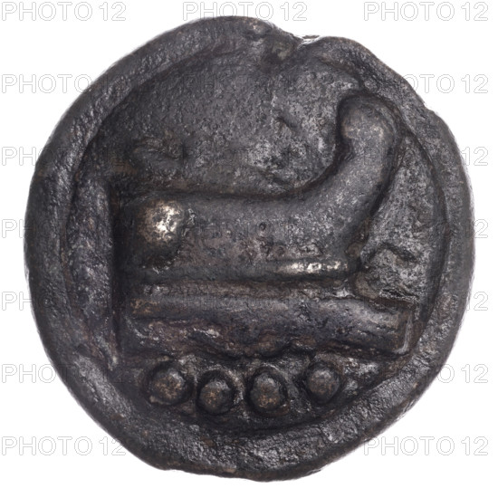 triens (aes grave), publisher, head of Minerva, ship's prow, Minerva (mythology), Corinthian helmets, ships, helmets, Obv. Head of Minerva in a Corinthian helmet in the year; below the value mark oooo. Rev. Ship's prow to the right; below the value mark oooo. 225–217 BC, Roman Republic (505–27 BC), Rome, coin, dia. 46.0 mm, weight 103.46 g, axis 0 deg.