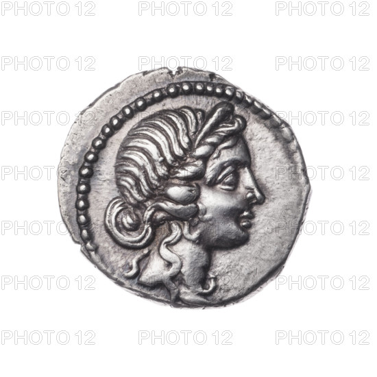 Denarius, Julius Caesar (100–44 BC; Roman dictator 49–44 BC), publisher. Obverse: Head of Venus wearing a diadem at right. Pearl border. Reverse: Aeneas striding left carrying his father Anchises and the Palladium; legend CAESAR at right. Subjects: Venus, Aeneas, Anchises, Palladium (mythology). Date: 47–46 BC. Culture: Roman Republic. Medium: coin (silver). Diameter 19.2 mm; weight 3.80 g; axis 180°.