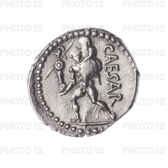 Denarius, Julius Caesar (100–44 BC; Roman dictator 49–44 BC), publisher. Obverse: head of Venus wearing a diadem at right. Pearl border. Reverse: Aeneas striding left carrying his father Anchises and the Palladium; at right CAESAR. Pearl border. 47–46 BC. Roman Republic (505–27 BC), Africa Proconsularis. Coin; diameter 19.2 mm, weight 3.80 g; axis 180 degrees.