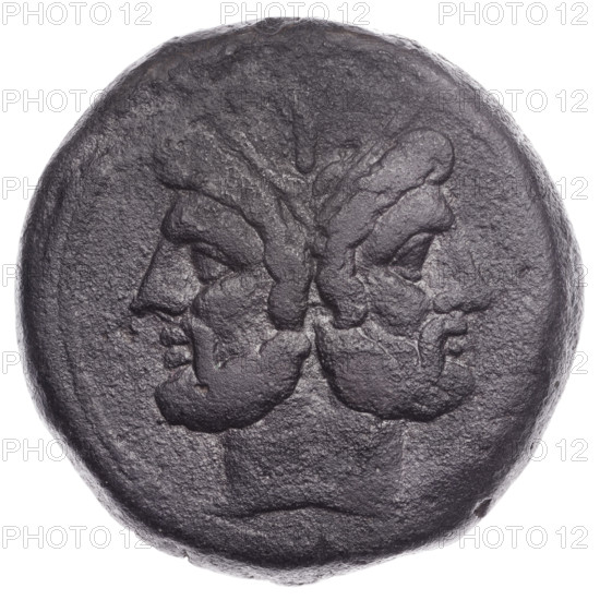 Obv. Head of Janus in a laurel wreath; above value mark I. Continuous border. Rv. Ship's prow at right; above value mark I; below the inscription ROM. Pearl border. Roman Republic, after 211 BC. Rome. Coin; diameter 35.0 mm, weight 39.78 g, axis 225°. Janus (mythological); ship's prow (iconographic).