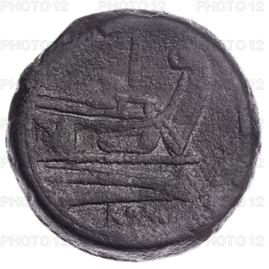 Obv. Head of Janus in a laurel wreath; above value mark I. Continuous border. Rv. Ship's prow at right; above value mark I; below the inscription ROM. Pearl border. After 211 BC, Roman Republic (505–27 BC), Rome. Coin, diameter 35.0 mm, weight 39.78 g, axis 225°. Maker: Protassowicki, Rafal (1894–1957). Iconography: head of Janus, ship's prow; mythological Janus. Publisher/as.
