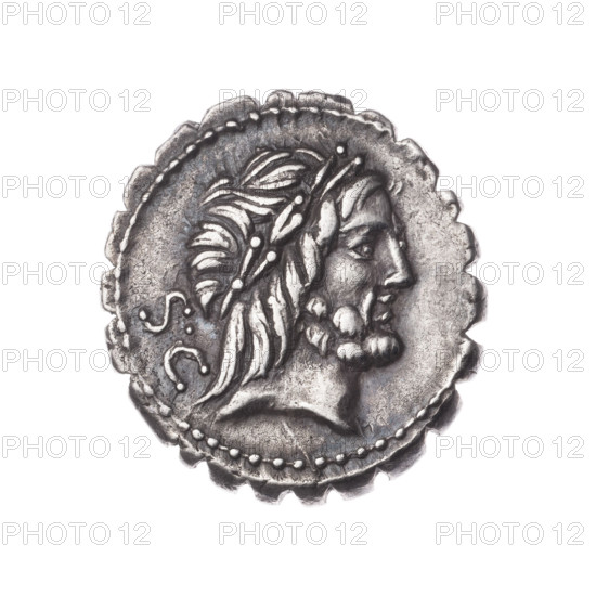 Denarius serratus, Antonius Balbus, Q. (fl. 83–82 BC), publisher. Obverse: Head of Jupiter in a laurel wreath facing right; behind, control mark SC; pearl border. Reverse: Victoria on a quadriga facing right, holding reins and a palm branch in her right hand and a wreath in her left; below, control mark X; inscription under the line Q·ANTO·BALB/PR (ANT and AL in ligature); pearl border. Attributes: palm branches, laurel wreath, branches, wreaths, horses, quadrigae. Roman Republic, 83–82 BC. Coin (denarius serratus), diameter 18.0 mm, weight 3.88 g, axis 135°.