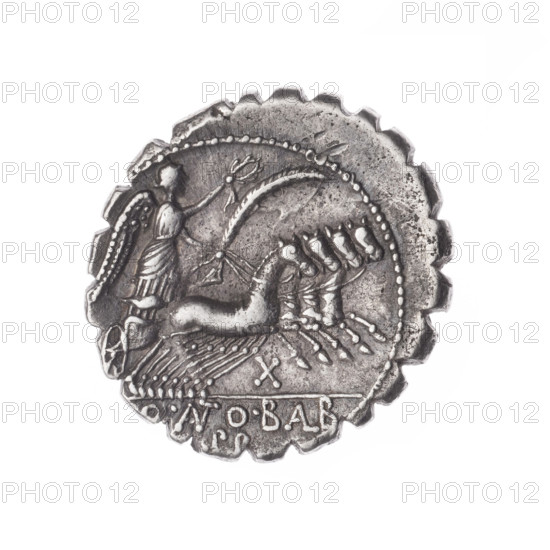 Denarius serratus, publisher Q. Antonius Balbus (fl. 83–82 BC). Obverse: Head of Jupiter right, laurel wreath, behind him SC, pearl border. Reverse: Victoria on a quadriga right, holding reins and a palm branch in her right hand and a wreath in her left; control mark X below; inscription Q.ANTO.BALB/PR (ANT and AL in ligature) under the line, pearl border. Attributes: palm branches, laurel wreath, branches, wreaths, horses, quadrigae. Roman Republic, 83–82 BC. Rome. Silver coin; diameter 18.0 mm; weight 3.88 g; axis 135°.