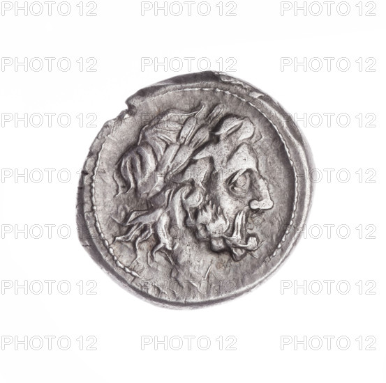 Victoria (personification); Jupiter (mythology); head of Jupiter; trophies; Victoria crowning; laurel wreath (attribute). Obverse: Head of Jupiter in a laurel wreath at right. Pearl border. Reverse: Victoria facing right crowns the trophy; under the line the inscription ROM. Continuous border. Date: 211–208 BC, Roman Republic (505–27 BC). Place: Sicily. Object: coin. Diameter: 16.5 mm. Weight: 3.09 g. Axis: 45 degrees. Maker: Semerau-Siemianowski, Wladyslaw (1849–1938)