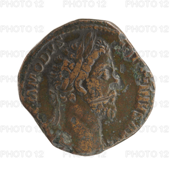 Sestertius of Commodus (161–192; Roman emperor 177–192). Obverse: Head of Commodus with a laurel wreath to the right, inscription MMODVS - INVS AVG around. Reverse: Jupiter seated left, holding Victoria with a wreath in his right hand and a scepter in his left, inscription TRP VIII - IMP - VI - COS, I PP around, in SC fields. Date: 183. Roman Empire (27 BC–476), Rome. Coin; weight 24.00 g; diameters 28.5–32.0 mm; axis 30 degrees.