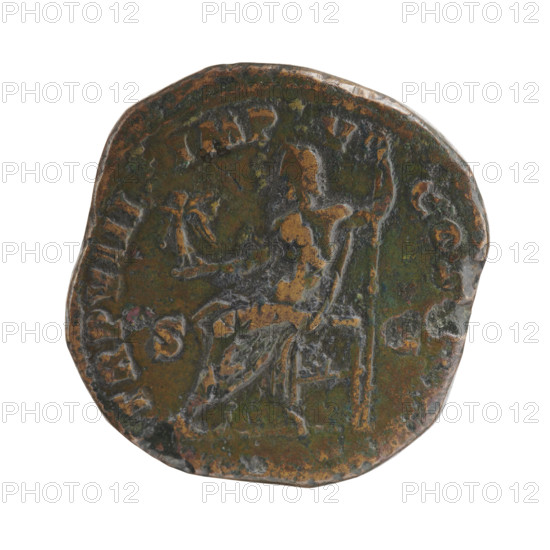 Sestertius of Commodus (reigned 177–192). Obverse: Head of Commodus with a laurel wreath to the right, inscription 'MMODVS - , INVS AVG' around. Reverse: Jupiter seated left, holding Victoria with a wreath in his right hand and a scepter in his left, inscription 'TRP VIII - IMP - VI - COS, I PP' around; in SC fields. Minted 183 CE. Roman Empire (27 BC–476), Rome. Coin; bronze; weight 24.00 g; diameters 28.5–32.0 mm; axis 30°.