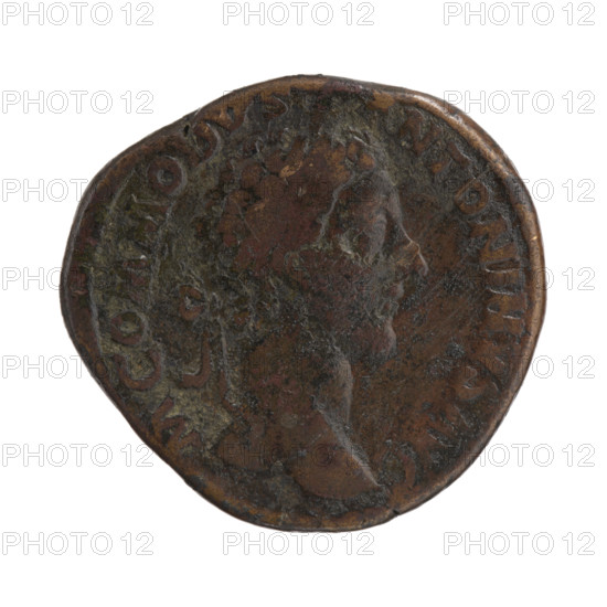 Sestertius of Commodus (161–192; Roman emperor 177–192). Obverse: Head of Commodus in a laurel wreath facing right, legend 'M COMMODVS - ANTONINVS AVG' all around. Reverse: Naked Jupiter stands facing, head turned left, holds a scepter in his left hand and a thunderbolt in his right, covers a standing figure of Commodus in front of him with a cloak, legend 'R CONSER' all around, in SC fields. Iconography: Roman deities, scepters; Jupiter with thunderbolts; Commodus — imperial portrait/ iconography. Date: 181. Culture: Roman Empire (27 BC–476). Place: Rome. Object type: coin (sestertius). Materials/style: Roman coinage. Diameter: 29.5–31.5 mm. Weight: 23.15 g. Axis: 180 degrees.