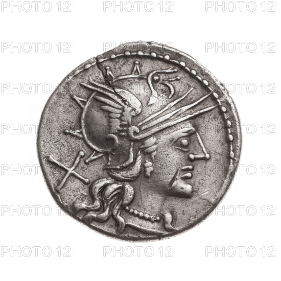 Denarius; issuer: T. Annius Rufus (fl. 144 BC), moneyer. Obverse: Helmeted head of Roma right; behind, value mark X. Beaded border. Reverse: Jupiter in a quadriga right, holding reins and a sceptre in left hand and a thunderbolt in right; below inscription AN RVF (AN and VF ligatured); under the line inscription ROMA. Continuous border. Date: 144 BC. Culture: Roman Republic. Place: Rome. Medium: silver coin. Diameter: 20.4 mm. Weight: 3.71 g. Axis: 90°.