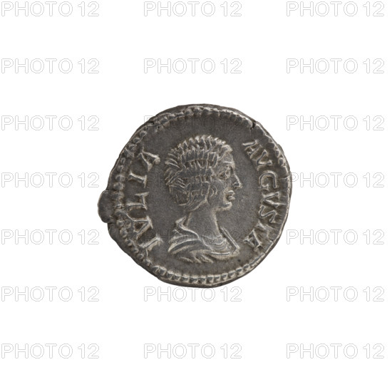 denarius, Julia Domna (ca. 160–217; Roman empress 193–211), Ancient Rome. Obverse: IVLIA AVGVSTA — bust of Julia facing right, pearl rim. Reverse: IVNO — Juno standing frontally with head turned left, holding a patera in her right hand and a scepter in her left, a peacock at left, pearl rim. Date: 198–209. Roman Empire (27 BC–476). Rome. Coin: dia. 19.0 mm, weight 2.74 g.