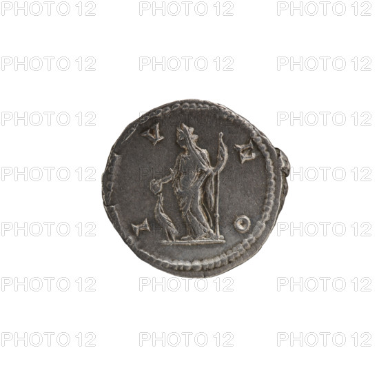 denarius, Julia Domna (ca. 160–217; Roman empress 193–211), Ancient Rome. Obv.: IVLIA AVGVSTA — Bust of Julia facing right, pearl rim. Rev.: IV NO — Juno standing frontally with head turned left, holding a patera in her right hand and a scepter in her left, peacock at left, pearl rim. Date: 198–209. Roman Empire (27 BC–476). Rome. Coin: dia. 19.0 mm, weight 2.74 g.