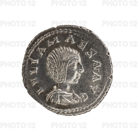 Denarius; obverse: draped bust of Julia Maesa facing right, inscription 'IVLIAMAESAAVG', pearl border; reverse: veiled Juno seated left holding a patera in her right hand and a scepter in her left, inscription 'IV NO', pearl border; iconography: bust of Julia Maesa; Juno with patera and scepter; dated 218–223; Roman Empire (27 BC–476); Rome; coin; diameter 19.0–20.0 mm; weight 3.25 g.