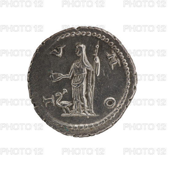 Denarius; obverse: draped, pearl-bordered bust of Julia Maesa facing right with inscription 'IVLIAMAESAAVG'; reverse: veiled Juno seated left holding a patera in her right hand and a scepter in her left with inscription 'IV NO' (pearl border). Roman Empire, 218–223 CE. Coin; diameter ~19–20 mm; weight 3.25 g.