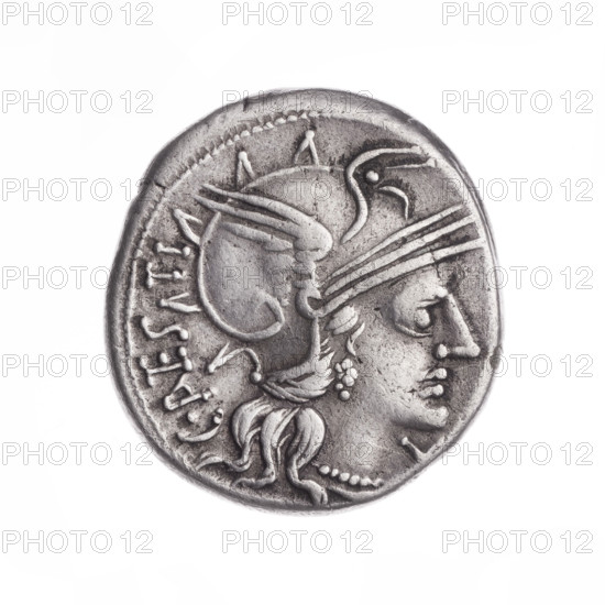 denarius, Antestius, C. (fl. 146 BC), publisher; Obv. Head of Roma in helmet at right; behind it the inscription C. ANTESTI (ANTE in ligature); before it the sign of value X. Pearly border. Rev. Dioscuri galloping on horses at right; below a dog; under the line the inscription ROMA. Continuous border. Dioscuri (mythology), Roma (mythology), dogs, horses. 146 BC, Roman Republic (505–27 BC), Rome; coin; diameter 18.0 mm; weight 3.72 g; axis 180 degrees.