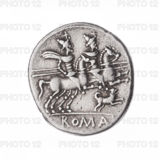 denarius, Antestius, C. (fl. 146 BC), publisher; Obv. Head of Roma in helmet at right; behind it the inscription C. ANTESTI (ANTE in ligature); before it the sign of value X. Pearly border. Rev. Dioscuri galloping on horses at right; below a dog; under the line the inscription ROMA. Continuous border. Dioscuri (mythology), horses, dogs, head of Roma, helmets; 146 BC, Roman Republic (505–27 BC), Rome; coin; diameter 18.0 mm; weight 3.72 g; axis 180 degrees