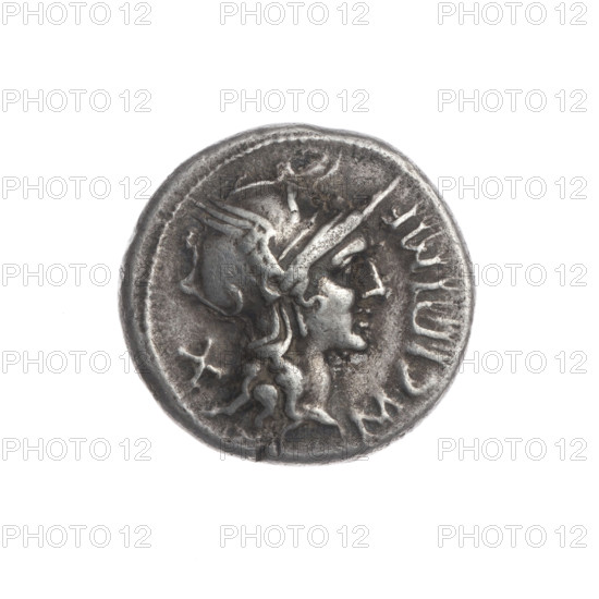 Denarius; maker: M. Cipius (fl. 115–114 BC), publisher. Obverse: Head of Roma in helmet facing right; in front inscription M·CIPI·MF; behind the sign of value X. Pearl border. Reverse: Victoria on a biga facing right, holding reins in left hand and a palm branch in right; rudder below; under the line inscription ROMA. Pearl border. Materials: silver coin. Date: 115–114 BC. Period: Roman Republic. Place: Rome. Diameter 17.5 mm; weight 3.71 g; axis 45°.