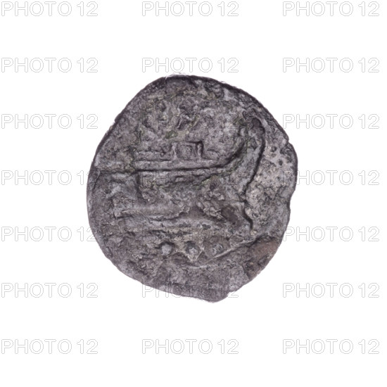 Quarter; obverse: head of Hercules right, behind it value mark ooo. Reverse: ship's prow right; above inscription M, below value mark ooo. After 211 BC, Roman Republic (505–27 BC), Rome. Coin: dia. 22.5 mm, weight 6.21 g, axis 90 degrees. Maker: Bronislaw Sabat (1871–1953). Subjects: Hercules (mythology), ships.
