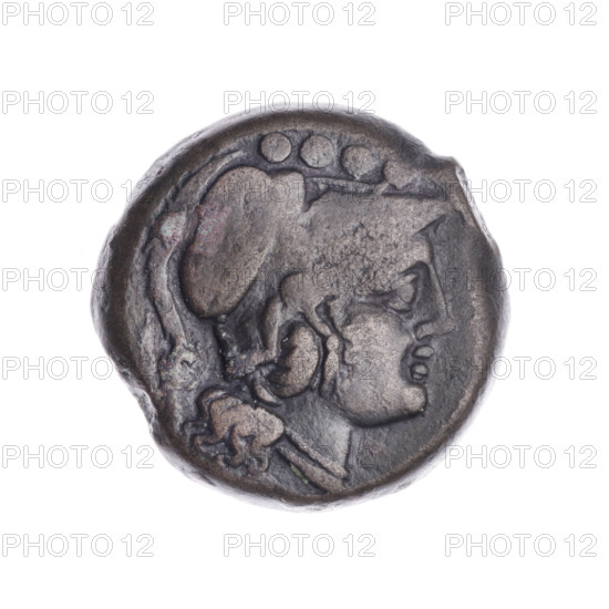 Triens; obverse: head of Minerva right wearing Corinthian helmet; above value mark OOOO. Reverse: ship's prow right; above inscription ROMA; below value mark OOOO. After 211 BC; Roman Republic (505–27 BC). Rome. Bronze coin; diameter 22.5 mm, weight 6.80 g, axis 225°.