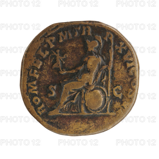 Sestertius, Commodus (161–192; Roman emperor 177–192). Obverse: Head of Commodus in a laurel wreath to the right, legend 'M COMMOD ANT P FE - LIX AVG BRIT PP' around. Reverse: Roma seated on a shield to the left, holding Victoria in her outstretched right hand and a spear in her left, legend 'ROM FEL PM TR - P XVI COS VI' around, 'in SC' in fields. Date: 190–191. Roman Empire (27 BC–476), Rome. Coin; bronze. Diameter: 29.0–30.0 mm. Weight: 27.35 g. Axis: 180 degrees.