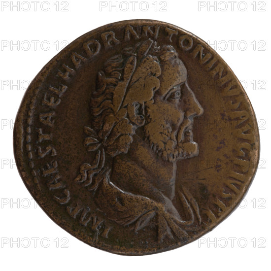 Sestertius, Antoninus Pius (86–161; Roman emperor 138–161). Obverse: bust of the emperor in a laurel wreath and drapery, facing right; legend IMP CAES T AEL HADR ANTONINVS AVG PIVS PP. Reverse: Roma personified seated left, holding a spear in her right hand and a parazonium resting on a shield in her left; legend TR POT XIIII — COS IIII; in the fields S · C. Date: 150–151. Roman Empire (27 BC–476). Coin; diameter 33.0 mm, weight 25.99 g; axis 180°.