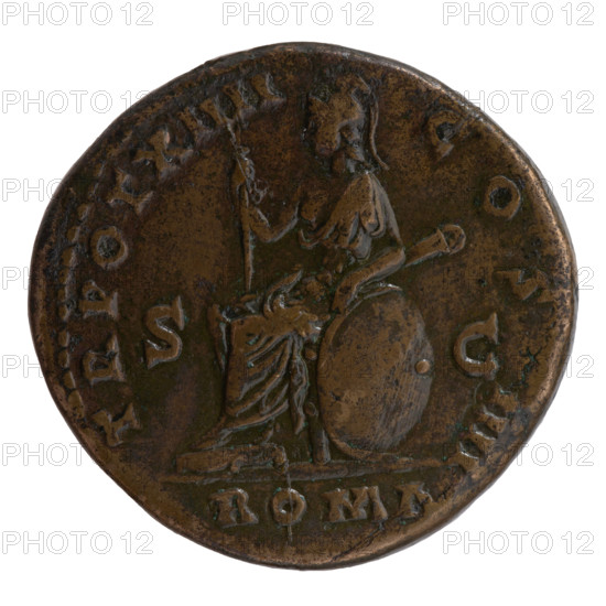 Sestertius, Antoninus Pius (86–161; Roman emperor 138–161), bust of the emperor in a laurel wreath and drapery; obverse inscription: IMP CAES T AEL HADR ANTONINVS AVG PIVS PP; reverse: Roma personified seated left holding a spear in her right hand and resting on a shield, holding a parazonium in her left; reverse legend: TR POT XIIII - COS - IIII with S C in fields; date: 150–151; Roman Empire (27 BC–476); Rome; coin; diameter 33.0 mm; weight 25.99 g; axis 180°.
